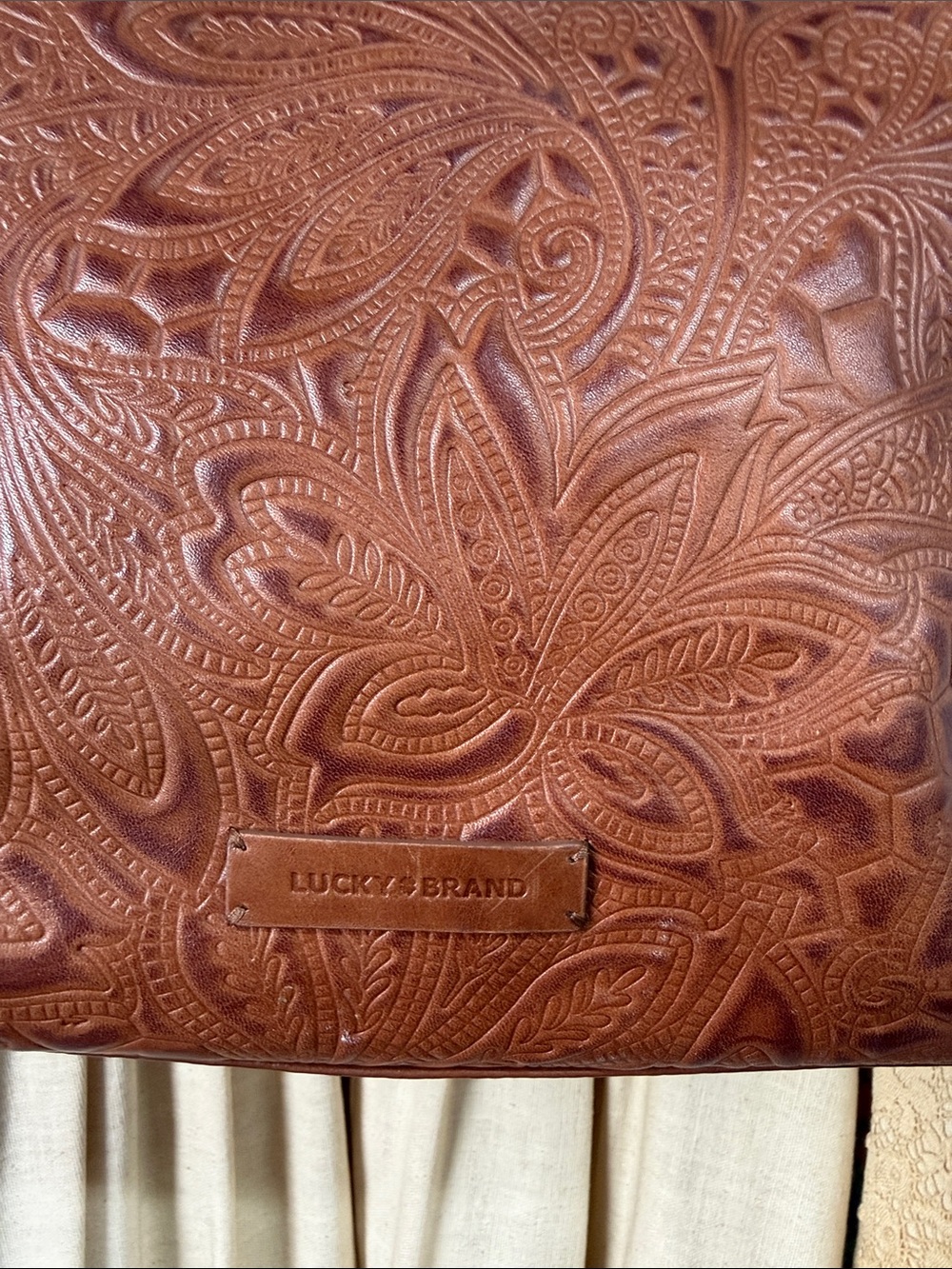 Embossed Lucky Brand Brown Leather Tote Bag - Picture 4 of 11